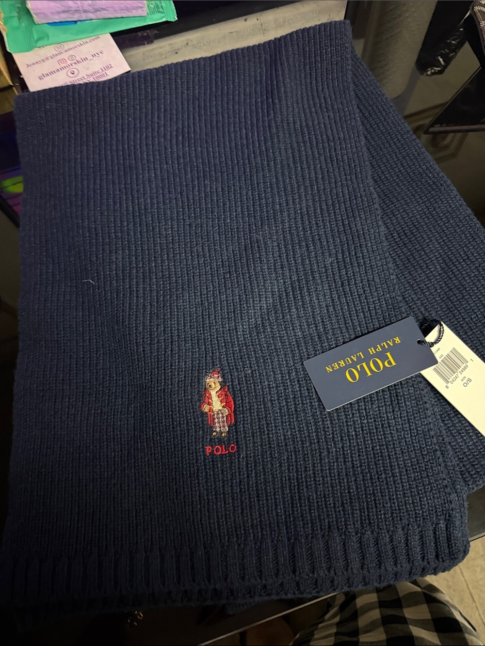Polo by Ralph Lauren Navy Waffle-Knit scarf with Embroidered Bear